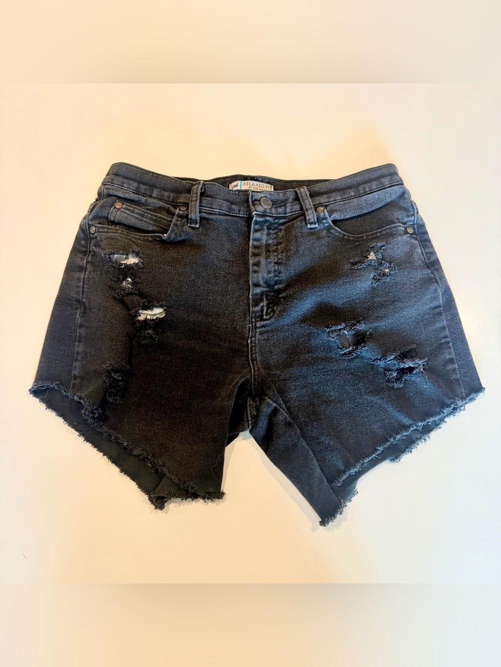 Lee Distressed Black Denim Shorts with Frayed Hem